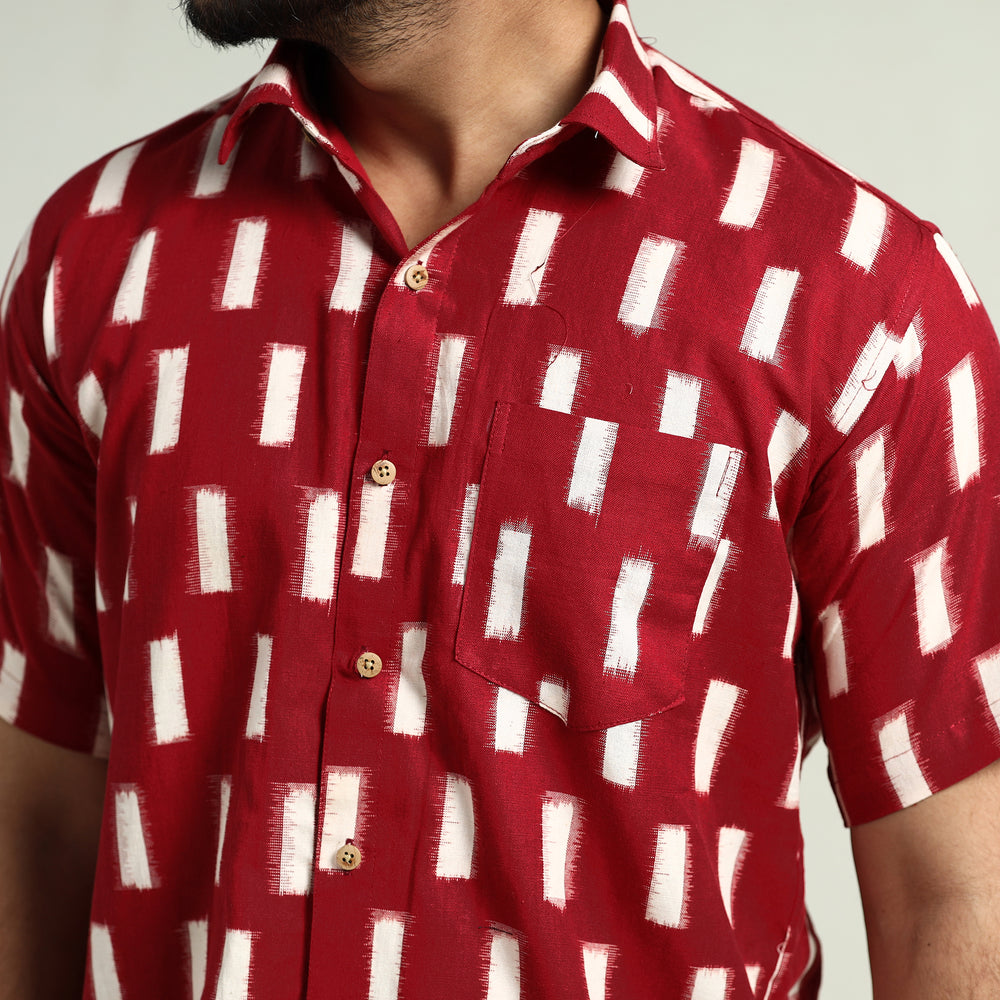 Red - Pochampally Double Ikat Handloom Cotton Men Half Sleeve Shirt 37