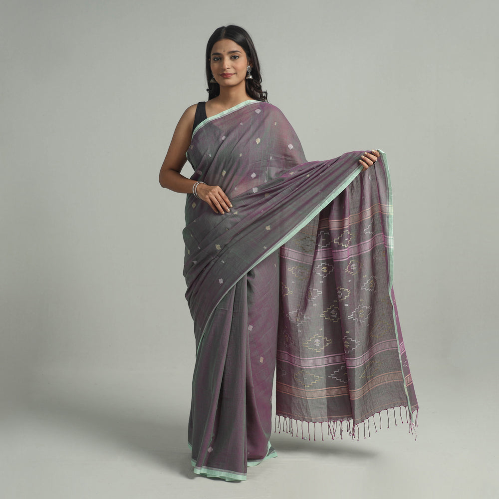 Grey - Handloom Cotton Phulia Jamdani Saree with Tassels 04