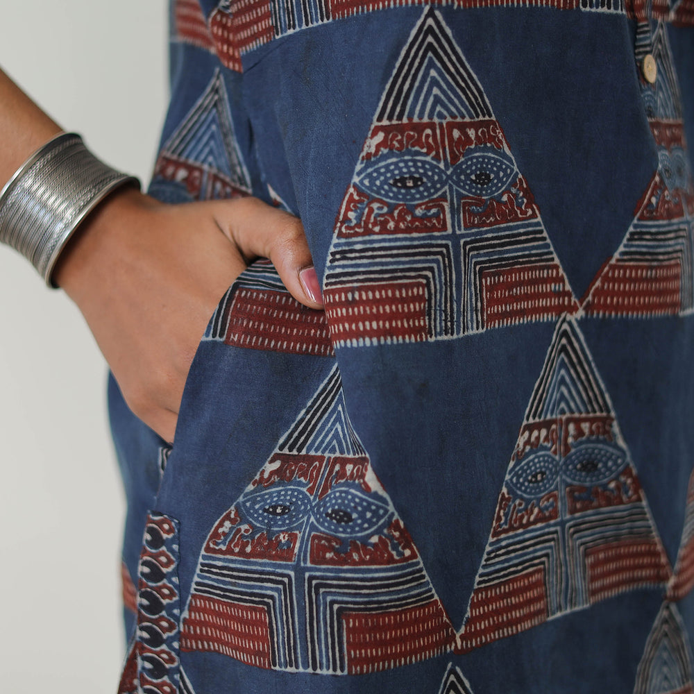 Blue - Block Printed Cotton Straight Ajrakh Kurta 04