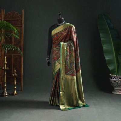 Kanjeevaram Pure Handloom Mulberry Silk Handpainted Srikalahasti Pen Kalamkari Saree with Zari Work 25
