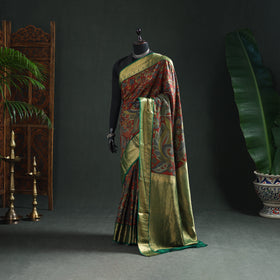 Kanjeevaram Pure Handloom Mulberry Silk Handpainted Srikalahasti Pen Kalamkari Saree with Zari Work 25