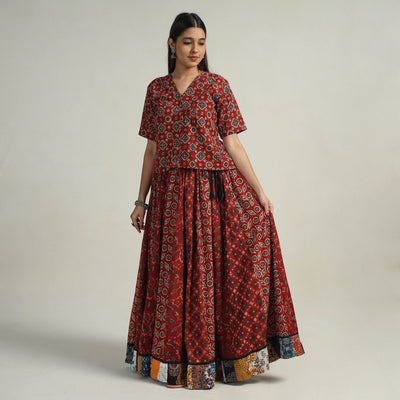 Red - Kutch Block Printed 24 Kali Cotton Long Skirt 04