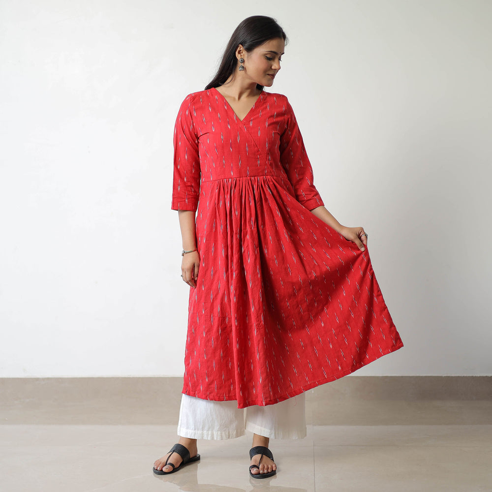 Red - Pochampally Ikat Weave Cotton A-Line Kurta 08