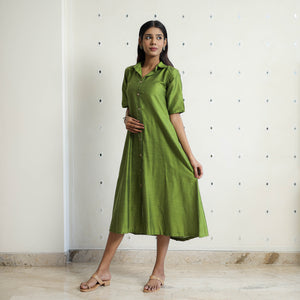 Khyati Persian Green Slub Silk Plain Dress