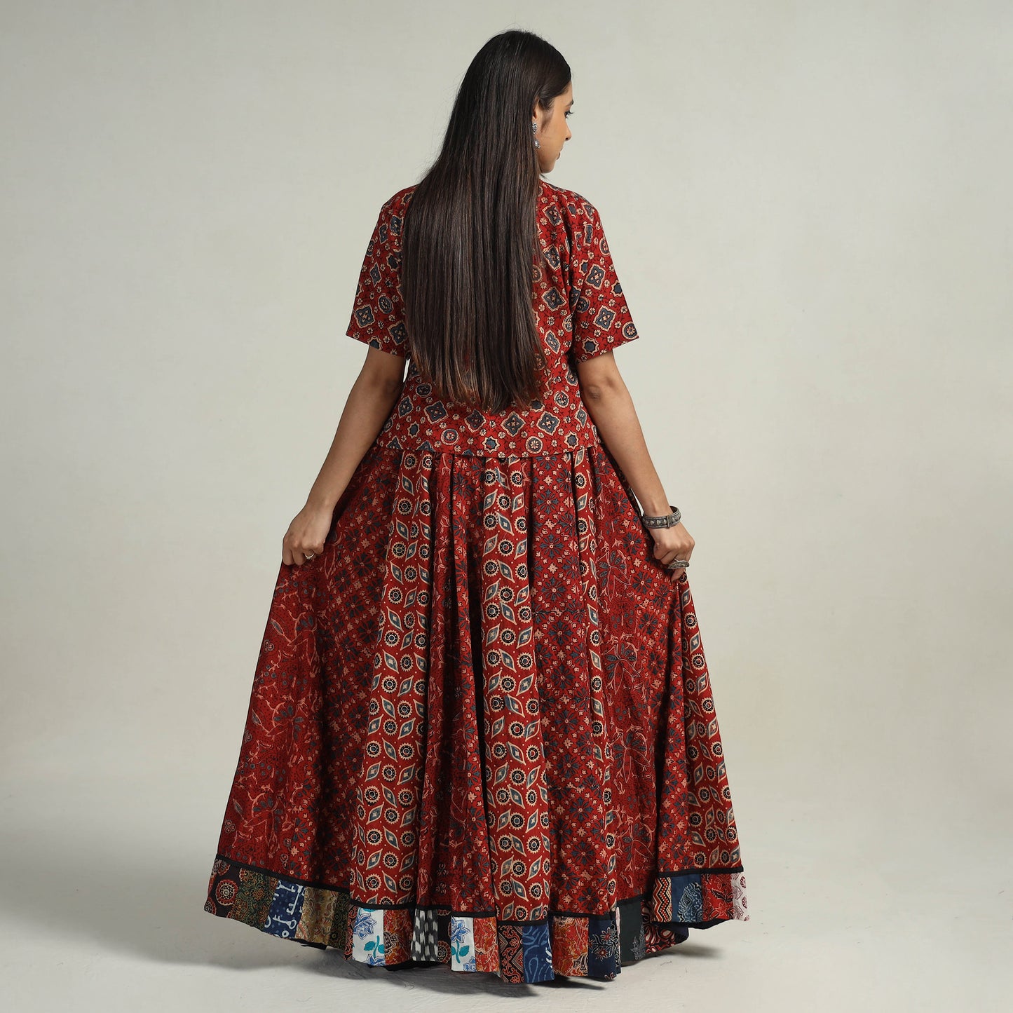 Red - Kutch Block Printed 24 Kali Cotton Long Skirt 04