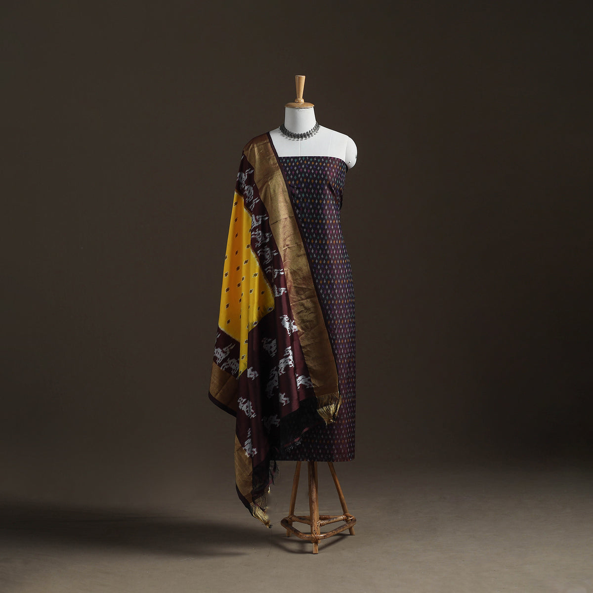 Pochampally Ikat Handloom Sico Unstitched Dress Material: Kurta with Mulberry Silk Dupatta 27