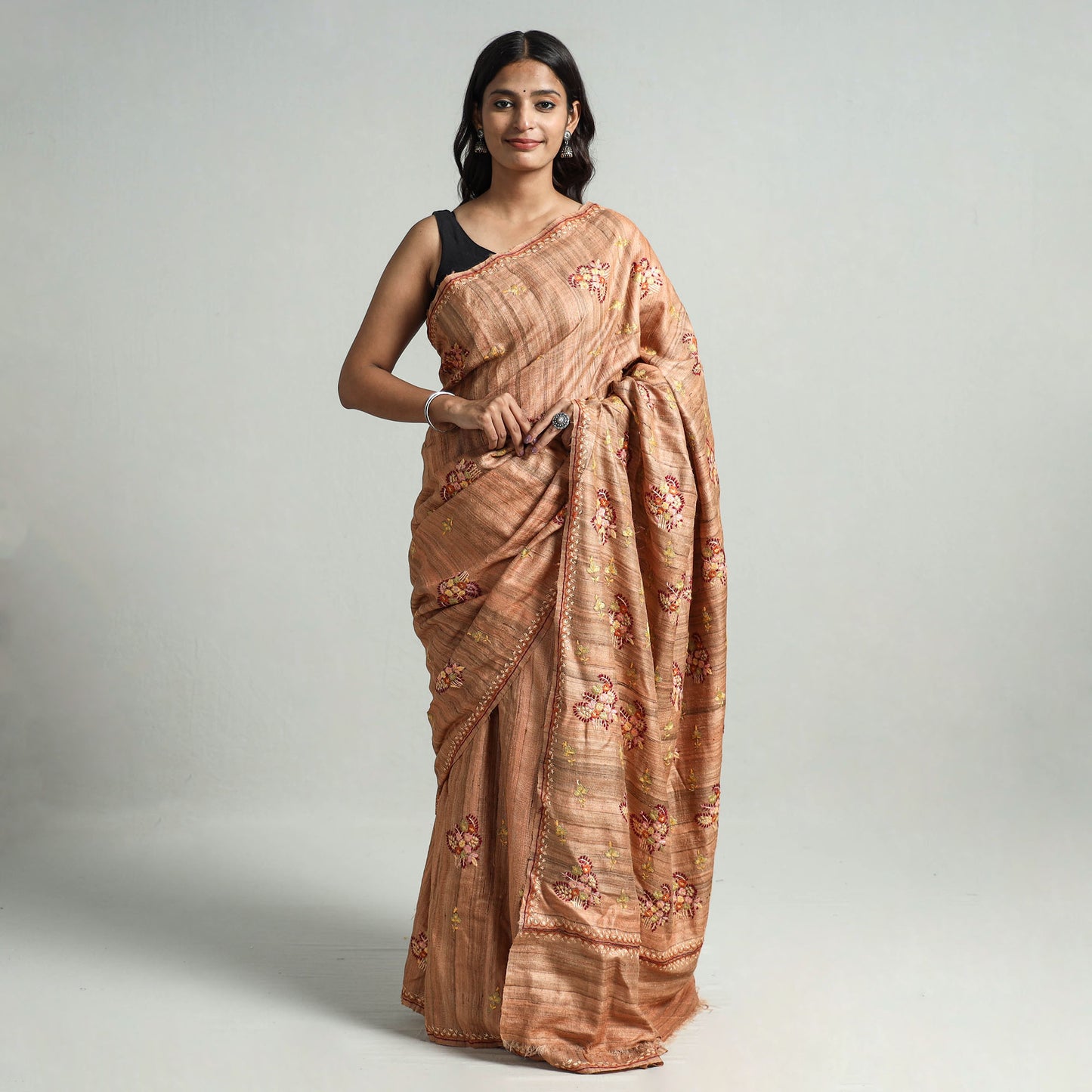 Brown - Kashidakari Hand Embroidery Pure Tussar Silk Saree 08