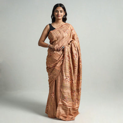 Brown - Kashidakari Hand Embroidery Pure Tussar Silk Saree 08