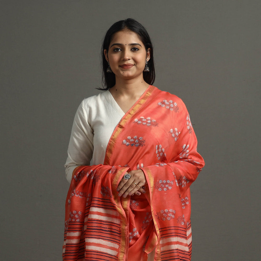 Orange - Block Printed Chanderi Silk Sanganeri Dupatta 57