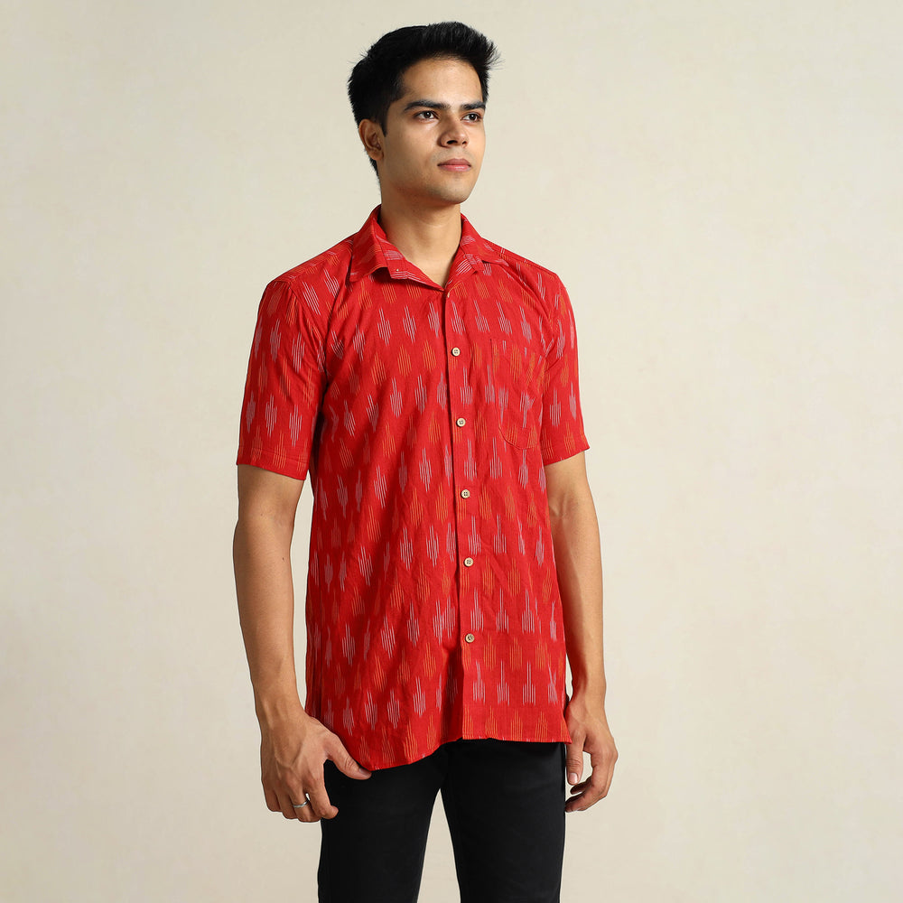 Red - Pochampally Ikat Weave Cotton Men Half Sleeve Shirt 09