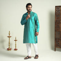 Aqua - Blue Plain Dyed Slub Silk Men Long Kurta