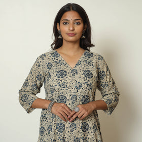 Beige - Kalamkari Block Printed Cotton Long Straight Kurta 61