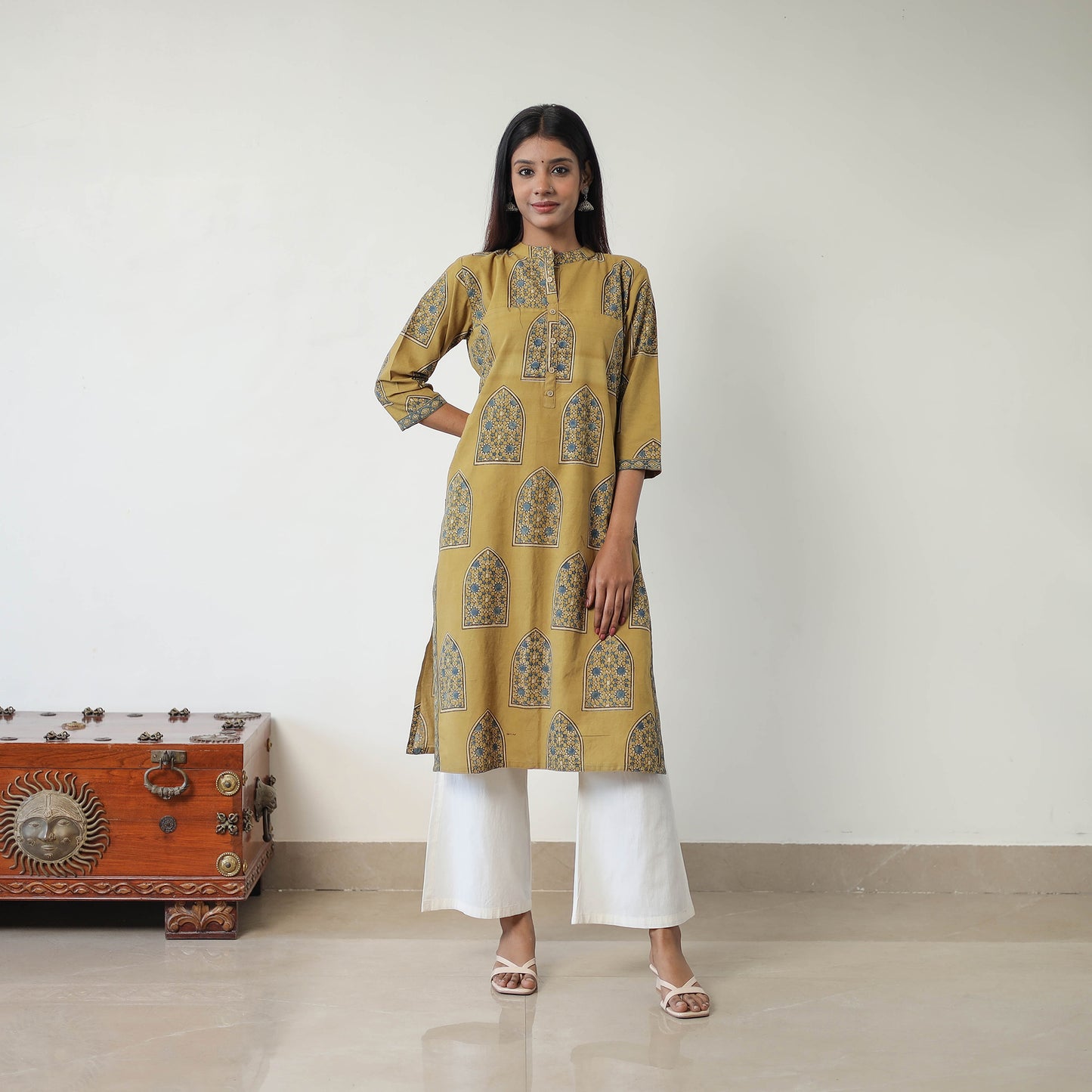 Yellow - Block Printed Cotton Straight Ajrakh Kurta 05