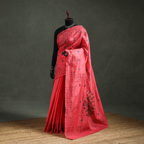 Red - Bengal Nakshi Kantha Hand Embroidered Silk Saree 47