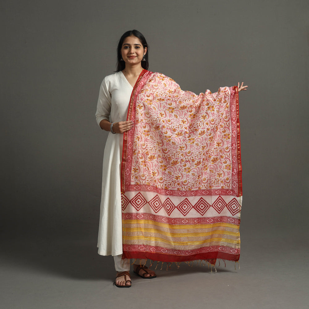 Multicolor - Block Printed Chanderi Silk Sanganeri Dupatta 58