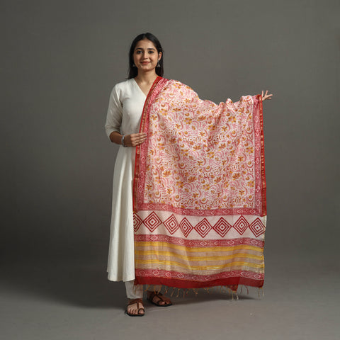 Multicolor - Block Printed Chanderi Silk Sanganeri Dupatta 58