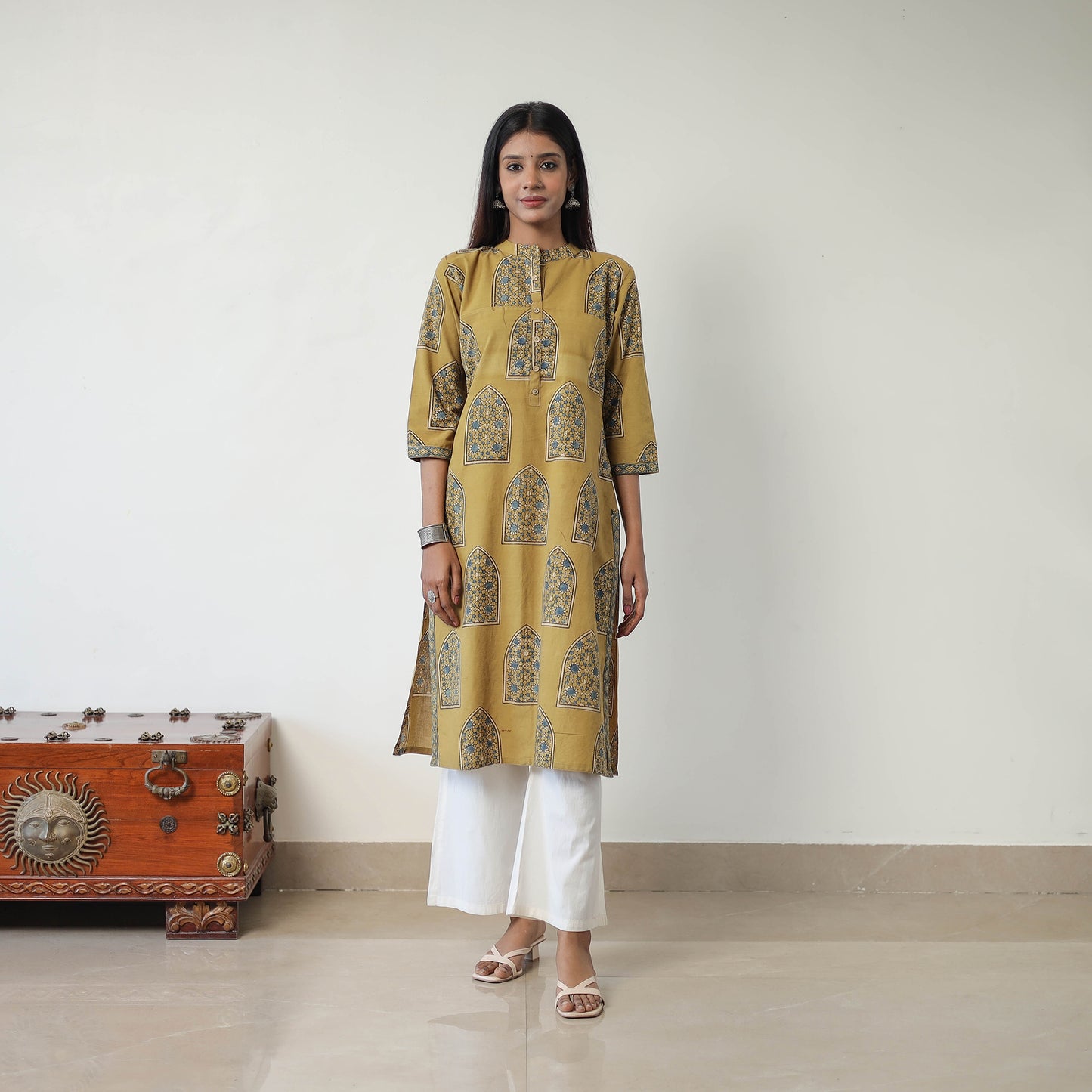 Yellow - Block Printed Cotton Straight Ajrakh Kurta 05