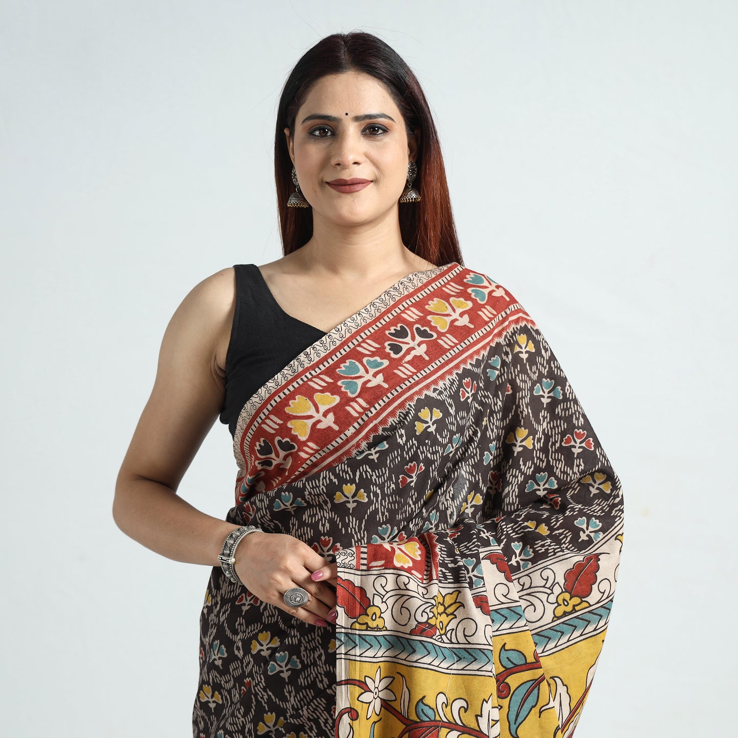 Black - Kalamkari Printed Cotton Saree with Blouse Piece 24