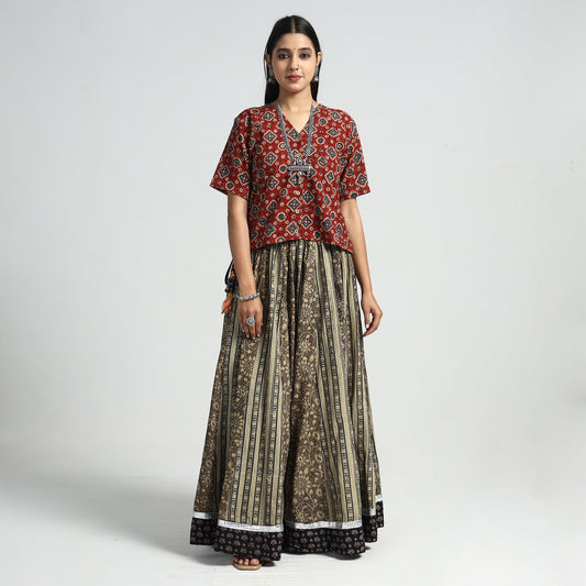 Brown - Ajrakh Block Printed 24 Kali Patchwork Cotton Long Skirt