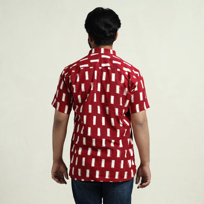 Red - Pochampally Double Ikat Handloom Cotton Men Half Sleeve Shirt 37