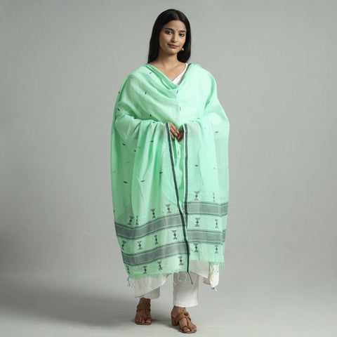 Green - Bengal Jamdani Buti Handloom Cotton Dupatta with Tassels 36