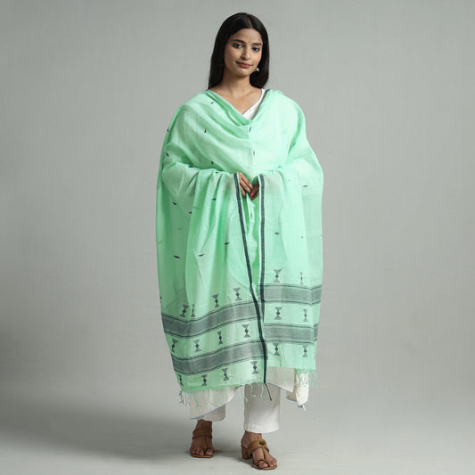 Green - Bengal Jamdani Buti Handloom Cotton Dupatta with Tassels 36