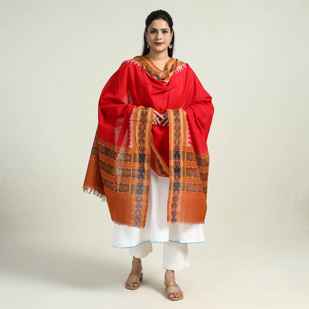 Red - Sambalpuri Ikat Weave Handloom Plain Cotton Dupatta 20