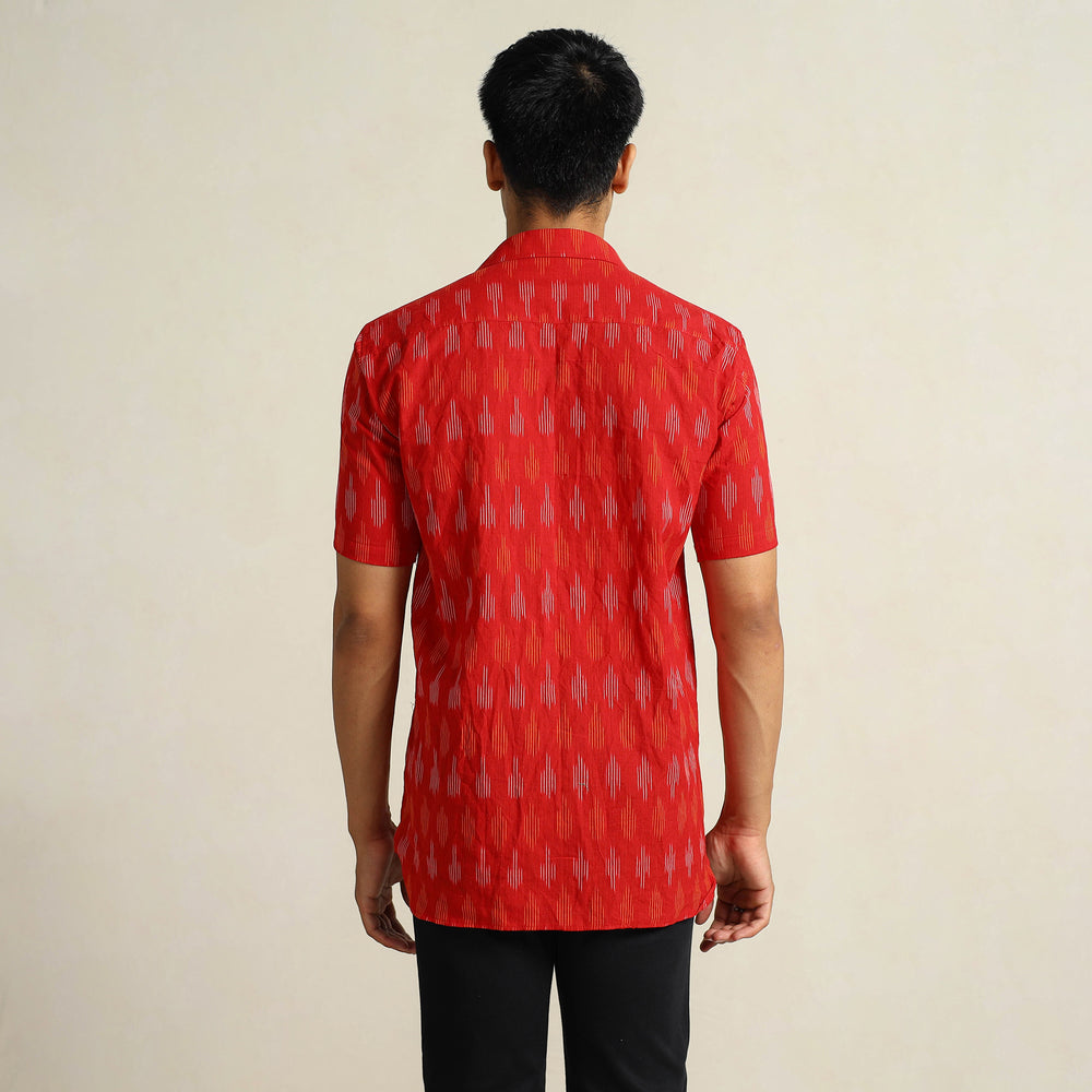 Red - Pochampally Ikat Weave Cotton Men Half Sleeve Shirt 09