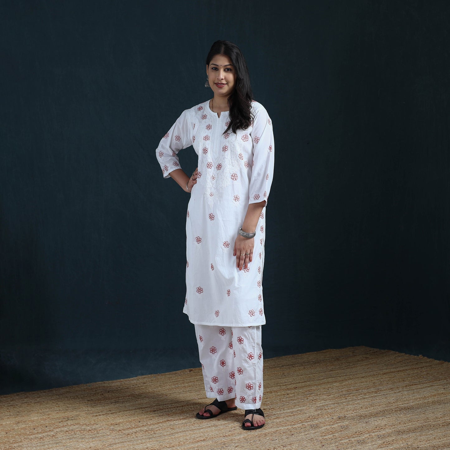 White - Hand Embroidered Mul Cotton Chikankari Kurta with Palazzo Set for Women 34