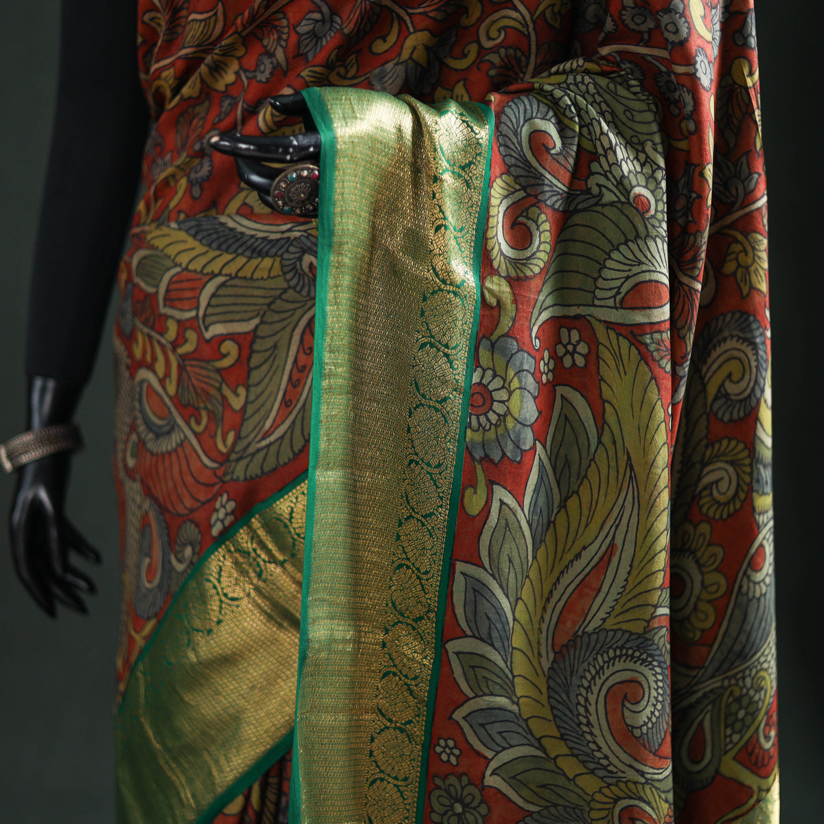 Kanjeevaram Pure Handloom Mulberry Silk Handpainted Srikalahasti Pen Kalamkari Saree with Zari Work 25