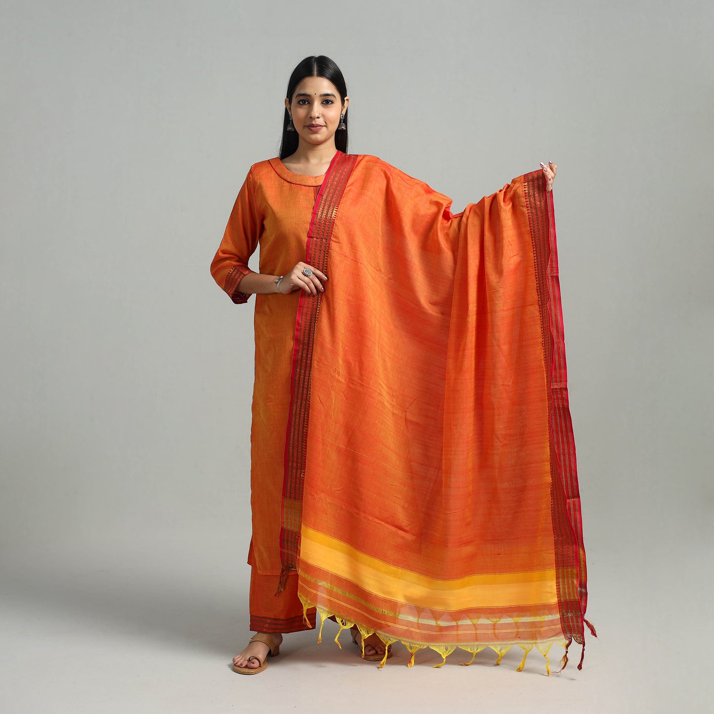 Buy Cotton Orange Dharwad Kurta Set with Palazzo & Dupatta