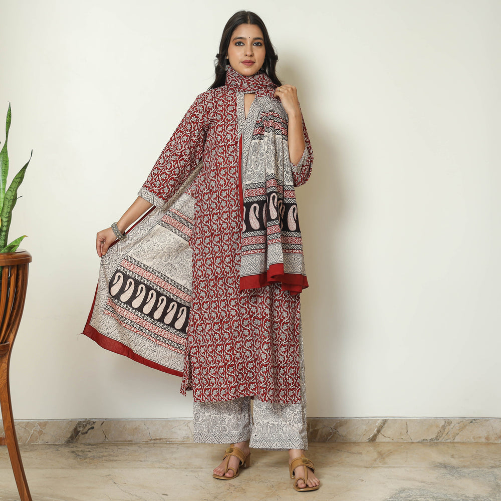 Red - Bagh Block Printed Cotton Kurta with Palazzo & Dupatta Set 08