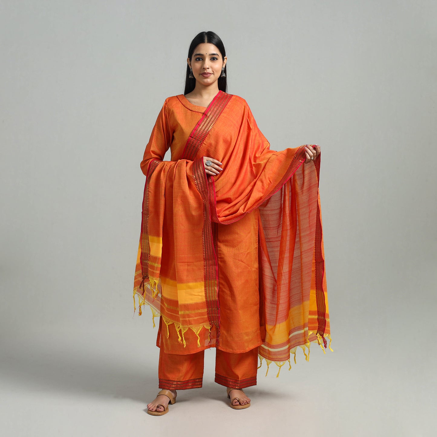 Buy Cotton Orange Dharwad Kurta Set with Palazzo & Dupatta