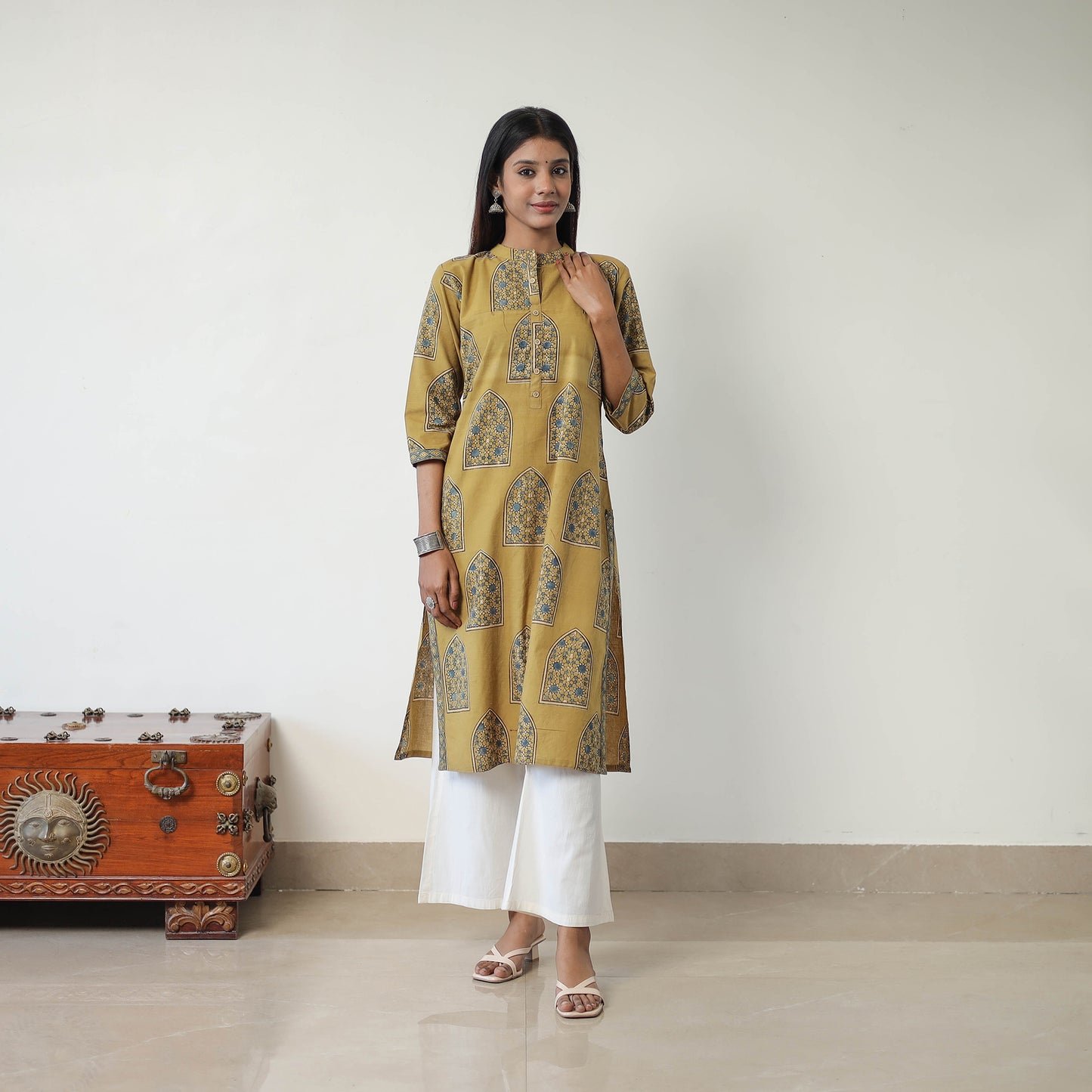 Yellow - Block Printed Cotton Straight Ajrakh Kurta 05