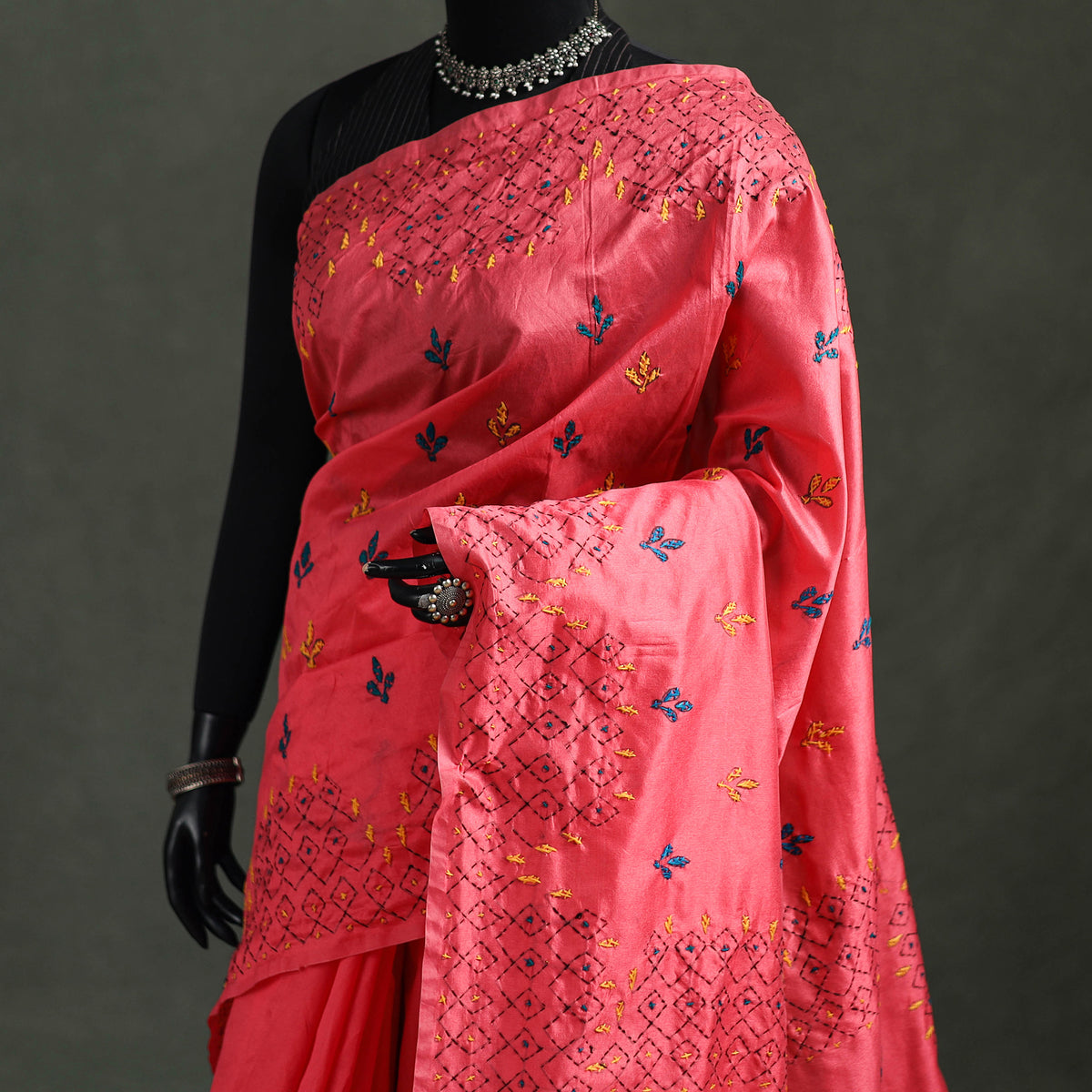 Red - Bengal Nakshi Kantha Hand Embroidered Silk Saree 47