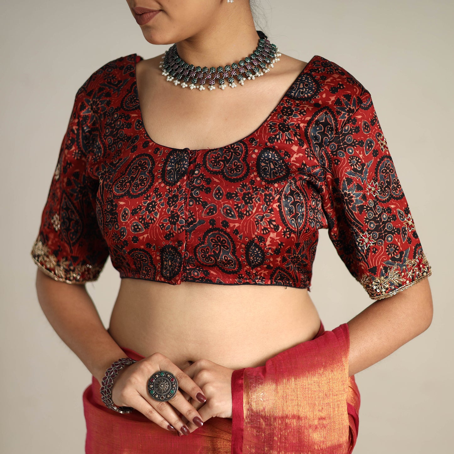 Red - Mul Tissue Zari Bengal Saree with Embroidered Blouse 11