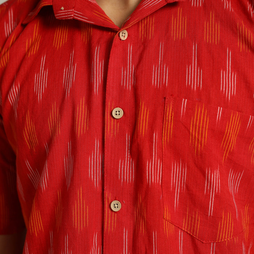 Red - Pochampally Ikat Weave Cotton Men Half Sleeve Shirt 09