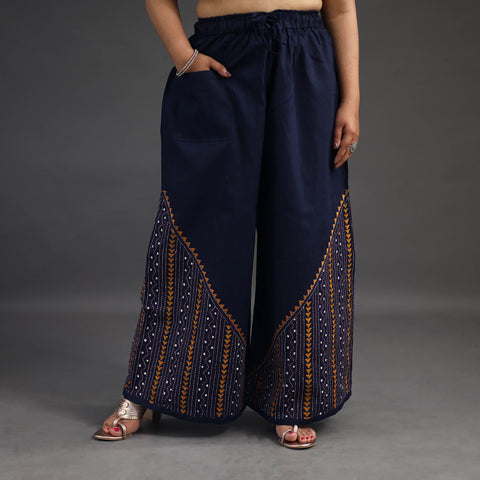 Navy Blue - Kantha Hand Embroidery Palazzo in Cotton 24