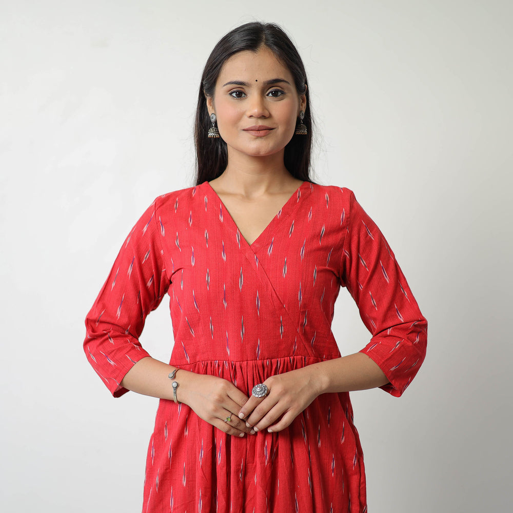 Red - Pochampally Ikat Weave Cotton A-Line Kurta 08