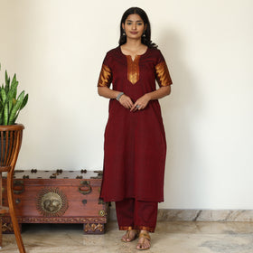 Maroon - Dharwad Cotton Kurta with Palazzo & Dupatta Set 22