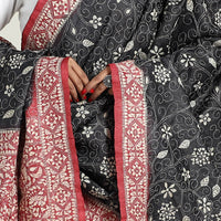 Black - Handloom Tussar Silk Bengal Kantha Embroidery Dupatta 08