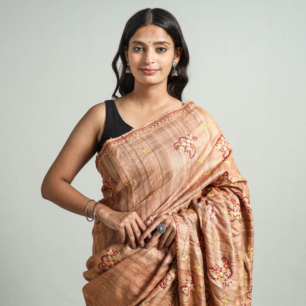 Brown - Kashidakari Hand Embroidery Pure Tussar Silk Saree 08