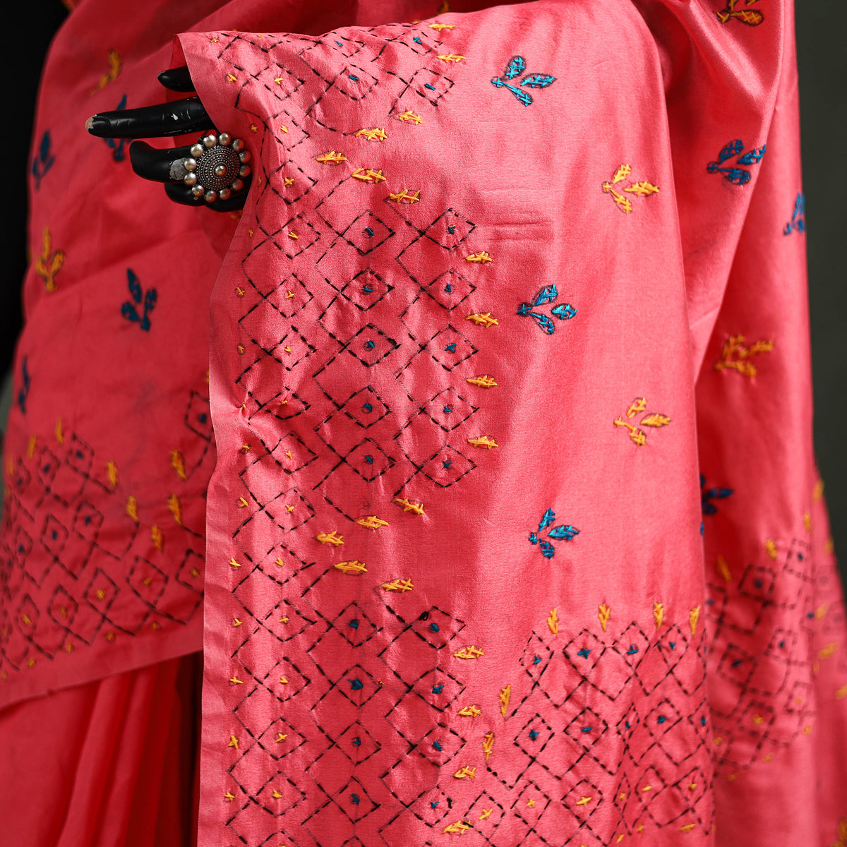Red - Bengal Nakshi Kantha Hand Embroidered Silk Saree 47