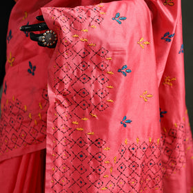 Red - Bengal Nakshi Kantha Hand Embroidered Silk Saree 47