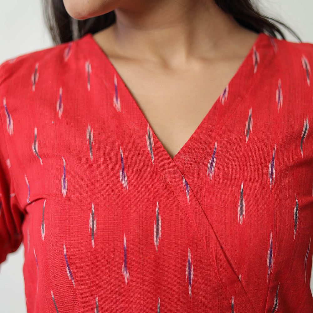 Red - Pochampally Ikat Weave Cotton A-Line Kurta 08