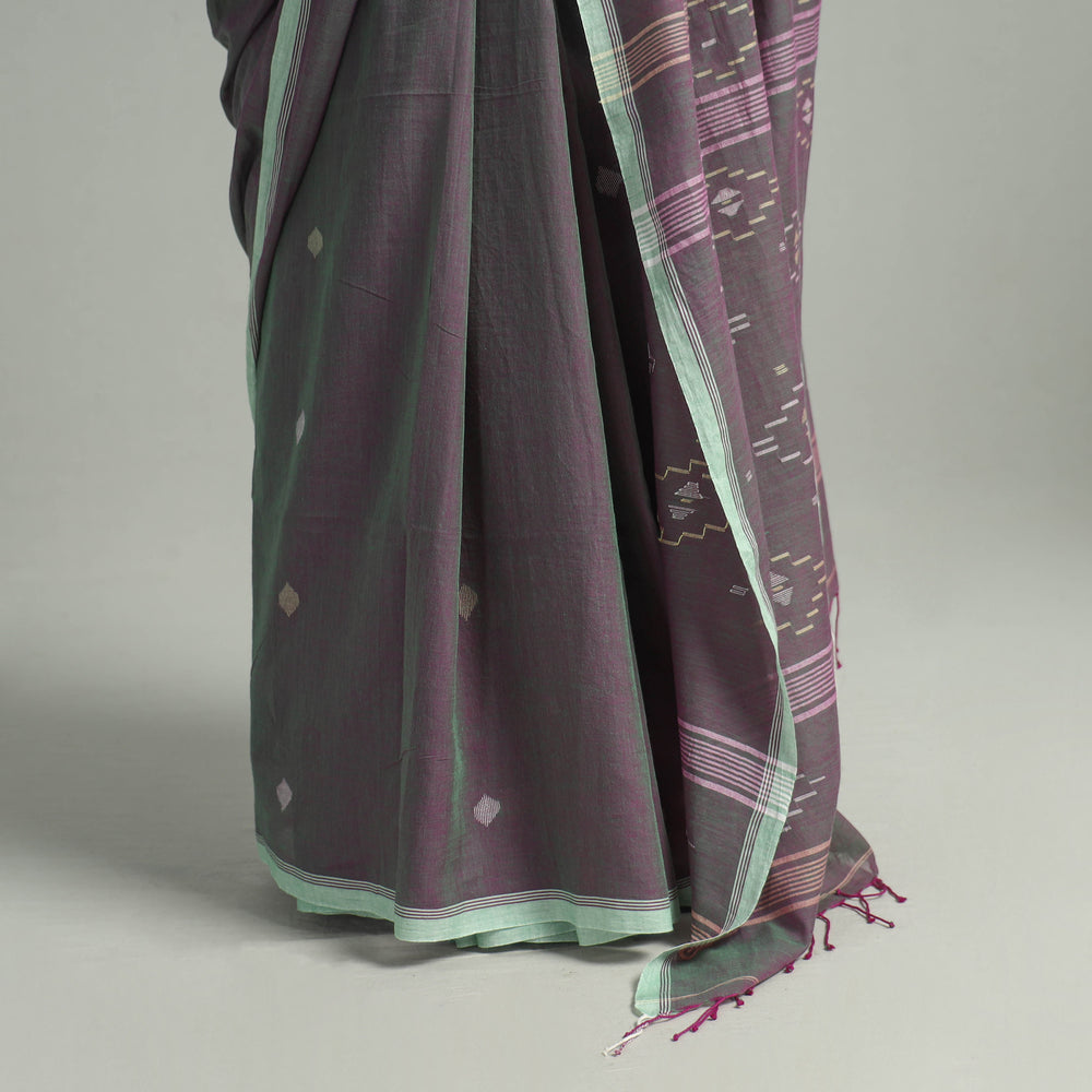 Grey - Handloom Cotton Phulia Jamdani Saree with Tassels 04