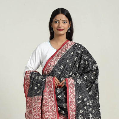 Black - Handloom Tussar Silk Bengal Kantha Embroidery Dupatta 08