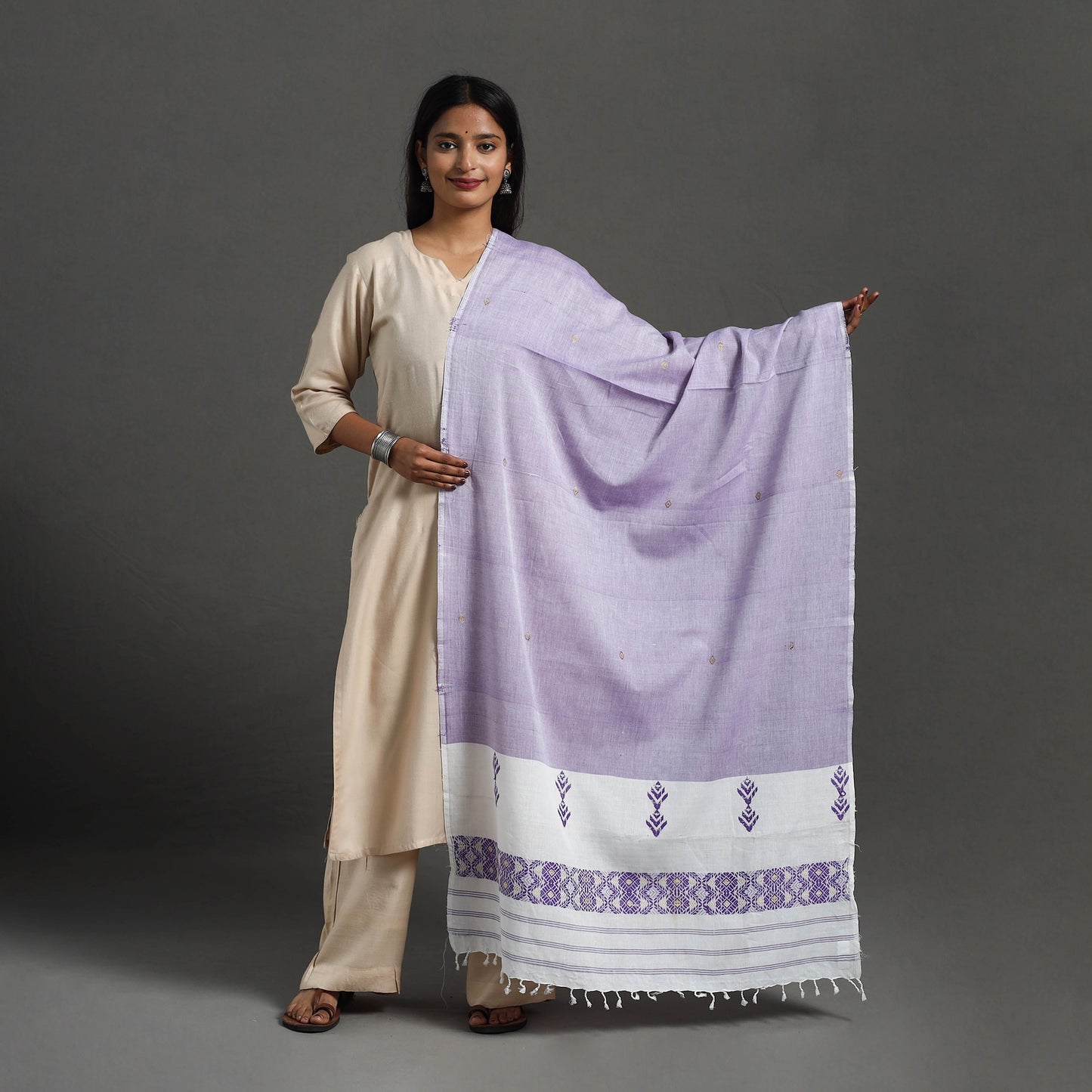 Purple -  Assam Weave Thread Buti Cotton Handloom Dupatta 10