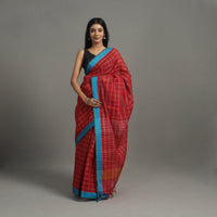 Red - Checks Cotton Handloom Saree 01