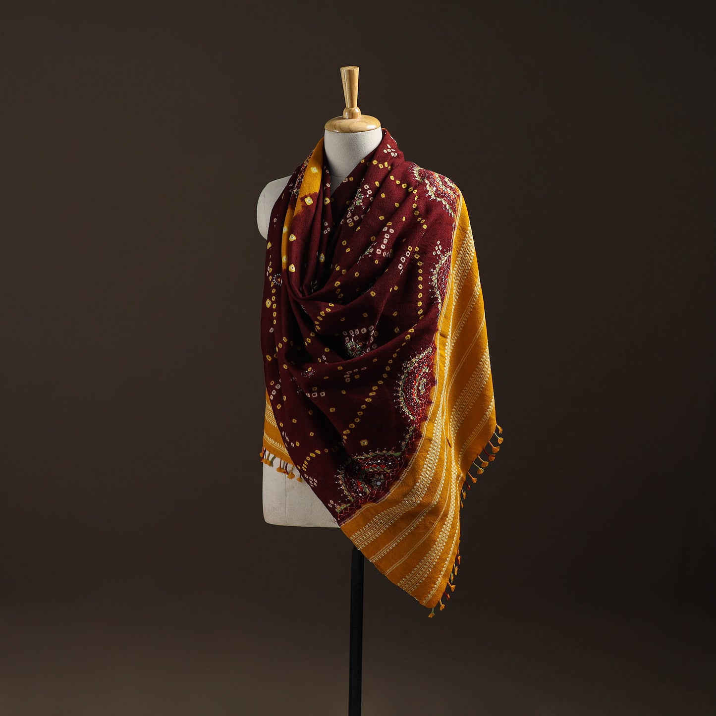 Kutch Bandhani Handwoven Neran Hand Embroidery Merino Wool Shawl 55